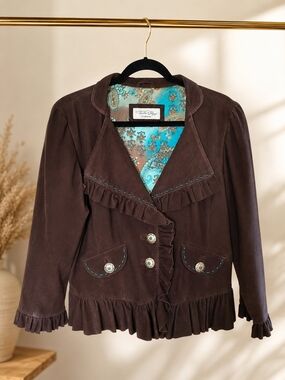 Tasha Polizzi Brown Suede Ruffle Jacket Western Boho Turquoise Concho Buttons